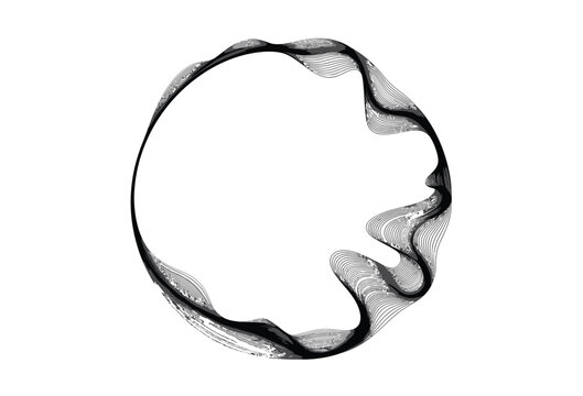 Abstract circular wave pattern with thin black lines forming a distorted ring, ideal for modern artistic and technological backgrounds.