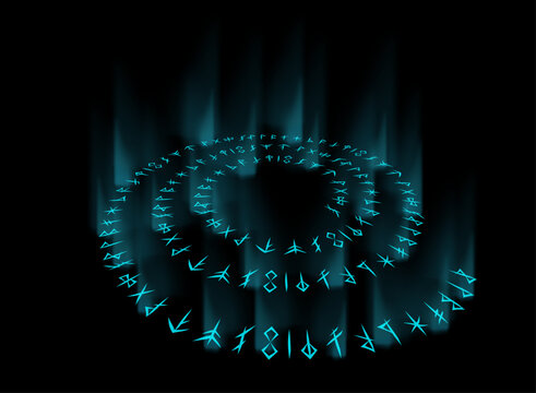 Glowing cyan Nordic rune circle viewed from an elevated angle, featuring layered concentric runes, mystical symbols and radiant blue light beams creating a magical fantasy portal on a dark background