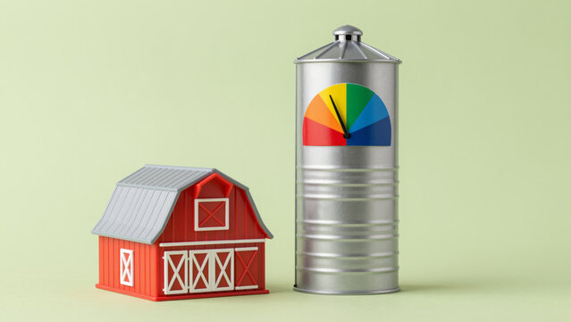 Red Barn And Silo With Gauge In Red Zone - Agricultural Performance Warning Symbol For Farm Management, Efficiency Challenges, And Sustainability Risk Articles