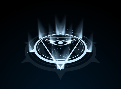 Glowing mystical eye symbol viewed from an elevated perspective, surrounded by geometric rings, arcane shapes and floating particles, creating a celestial fantasy emblem on a dark background.