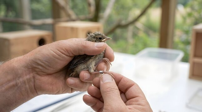 Breeder placing identification ring on the leg of a small baby bird in a professional loft setting