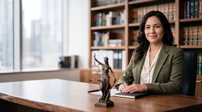 Lawyer sitting at wooden desk near bronze lady justice statue in law library. Hispanic attorney reviewing judicial document files for corporate legal authority.