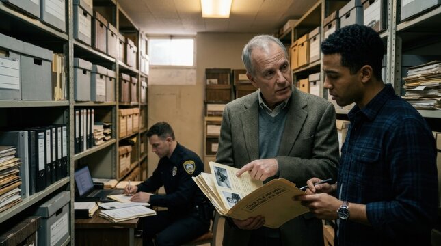 Detectives Examining Evidence Files in Cold Case Archive Storage Room