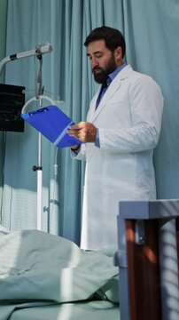 Doctor with medical records checkups severe woman patient