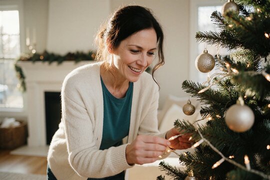 Woman decorating a Christmas tree at home with festive lights and ornaments in a cozy living room setting.