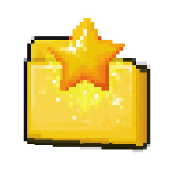 Pixel computer folder icon topped with a glowing pixelated golden star. Isolated white background. Png format