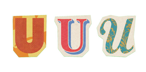 Set of three handmade paper cutout letters u in various vintage typography styles and colorful patterns © Septi.First