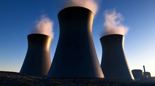Three Cooling Towers Against a Blue Evening Sky
