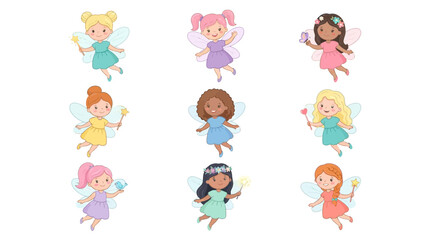 Obraz premium Cute fairy vector illustration set with various magical little girls having wings and magic wands for kids design