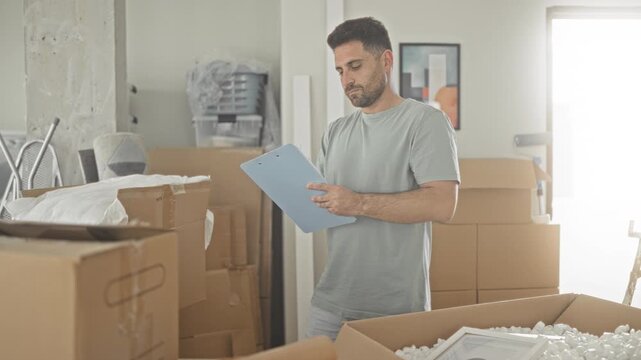 Man holding clipboard and reading document with hands visible among stacked moving boxes in a building; concentration planning.