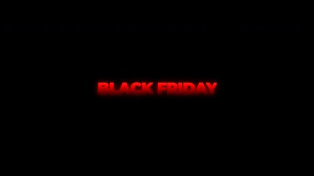 Commercial 10-second seamless loop of bold BLACK FRIDAY text sliced diagonally by high-energy laser beam and kinetic sparks. Features dynamic 3D camera recoil, zero-gravity drift, and magnetic snap re
