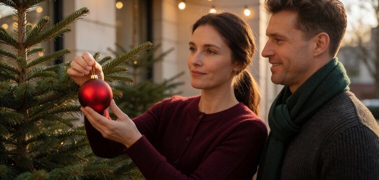 Two friends decorating a Christmas tree, focusing on hanging a red ornament during golden hour.