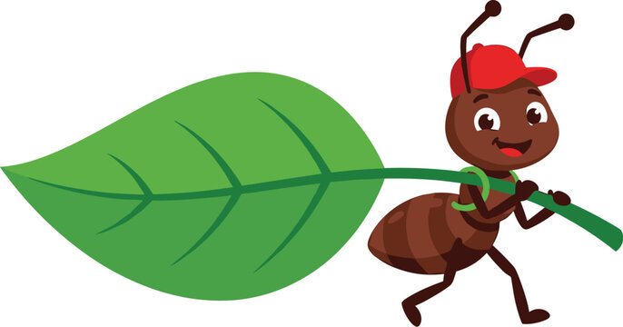 Cute cartoon ant wearing a red cap carrying a large green leaf vector illustration for children educational projects