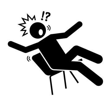 A black silhouette of a person falling backward off a chair showing an accident or sudden surprise concept isolated on transparent background for creative design