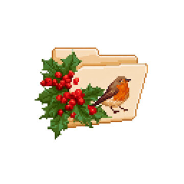 Pixel computer folder icon decorated with holly leaves and red berries and a small bird. Isolated white background. Png format