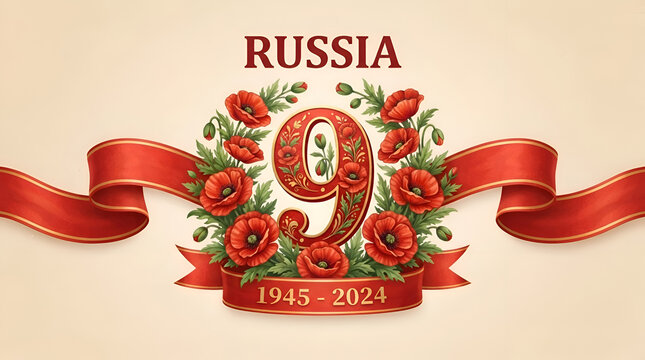 Russia ribbon with number nine and flowers representing victory day celebration concept