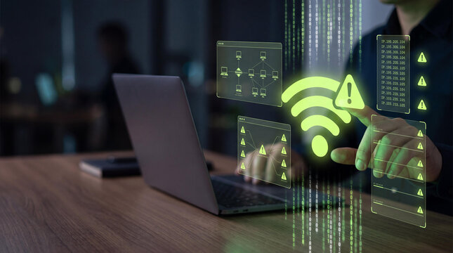 Cybersecurity network warning icon on virtual screen, IT specialist troubleshooting wireless connection error, digital data breach concept