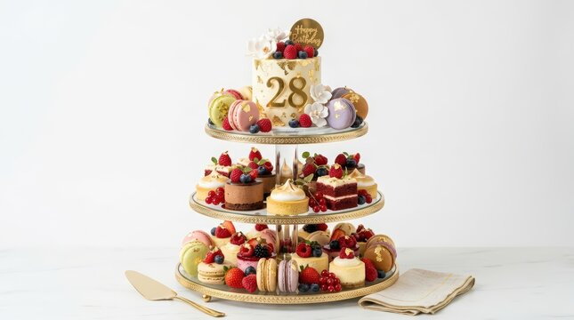Elegant 28th Birthday Tiered Cake Stand, Luxury Dessert Tower with Macarons and Berries, Birthday Celebration Sweets Display
