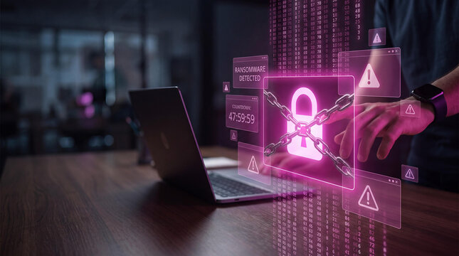 Ransomware cyber attack on laptop, glowing pink holographic padlock with chains, cybersecurity data breach concept for business IT security