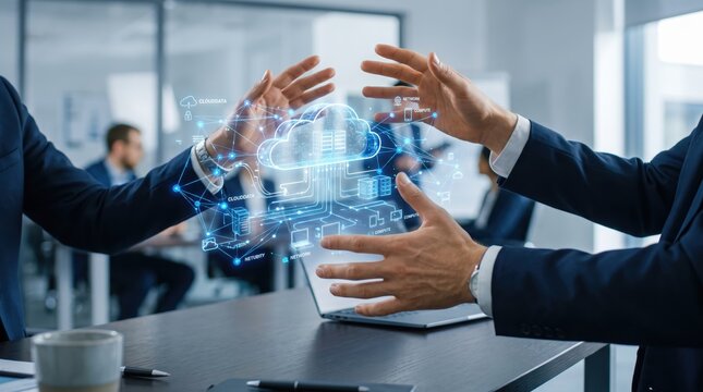 Businessmen interacting with futuristic cloud computing hologram in modern office, digital technology concept, data network visualization, IT collaboration, artificial
