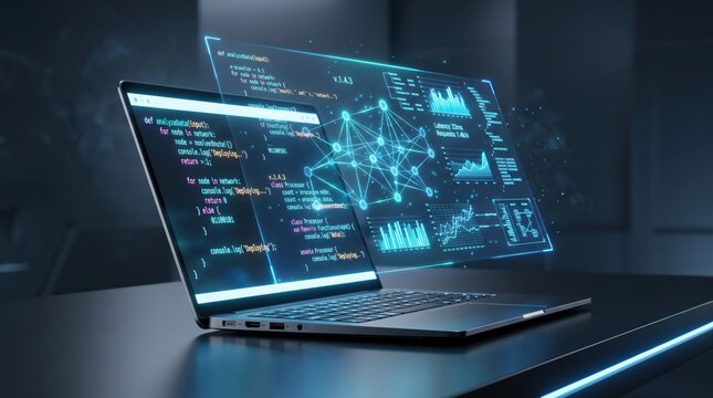 Laptop displaying Python code and neural network graph, artificial intelligence programming interface, machine learning development environment, deep learning algorithm