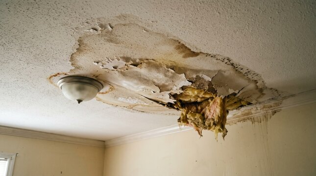 Water damaged ceiling with exposed insulation and peeling paint in a room