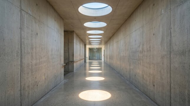 Long concrete corridor with circular skylights, brutalist architecture hallway, industrial tunnel design, natural light pattern, geometric perspective, minimalist construction