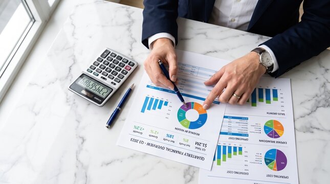 Businessman analyzing quarterly financial report charts and graphs on marble desk with calculator, business analysis concept, corporate finance strategy planning, data