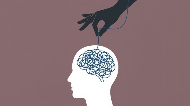 A hand pulling a tangled blue thread from a human head representing mental health therapy and finding clarity in a complex mind