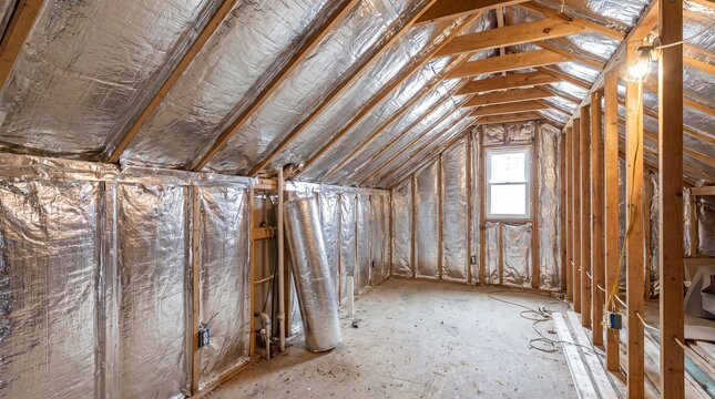 Attic interior with reflective foil insulation installed on wooden rafters
