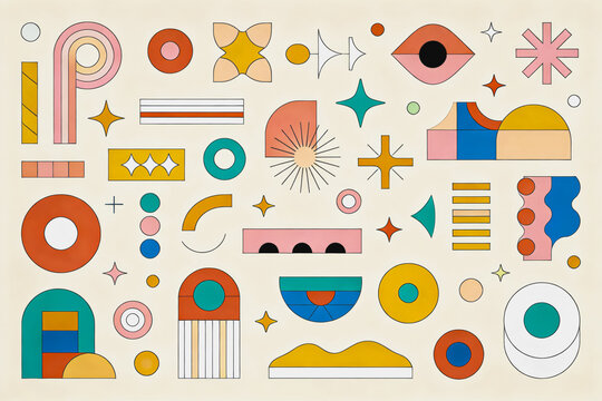 A set of retro-style flat graphic elements featuring geometric shapes, floral motifs, and symmetrical patterns in pastel and bright colors.