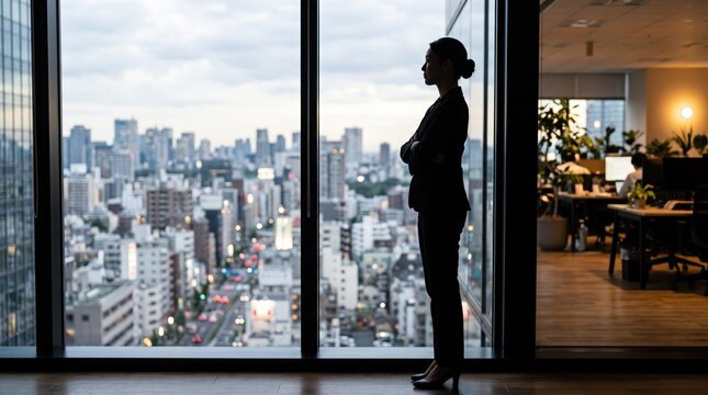 Silhouette of a confident businesswoman standing by a large window overlooking a busy city skyline at dusk, arms crossed, symbolizing leadership, vision, corporate success and