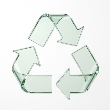 clear glass recycling symbol isolated on white representing sustainable materials circular economy waste recovery and environmental advertising