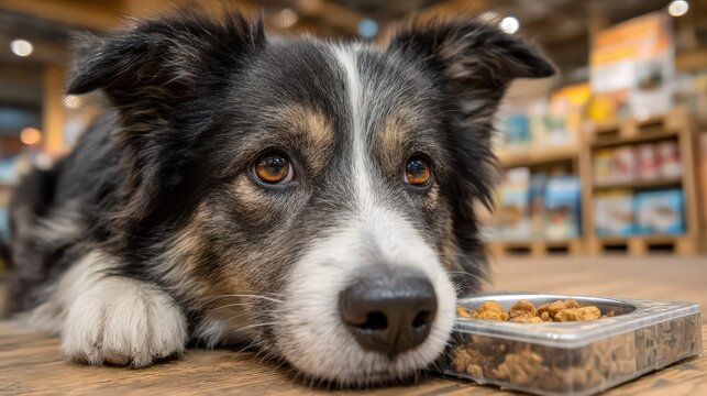 Focused Border Collie Dog Examining Food in Bowl, Close-Up Portrait at Pet Store, Selective Focus on Canine Expression.