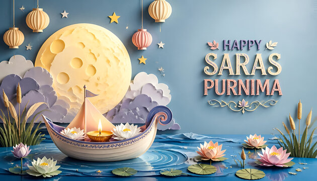 Happy saras purnima papercraft illustration with a ceremonial boat and glowing lotus flowers under a moon fullmoon festival celebration religious
