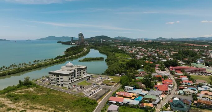 Top view of floating mosque Bandaraya Kota and panorama of the city. Kinabalu. Sabah, Borneo. Malaysia.