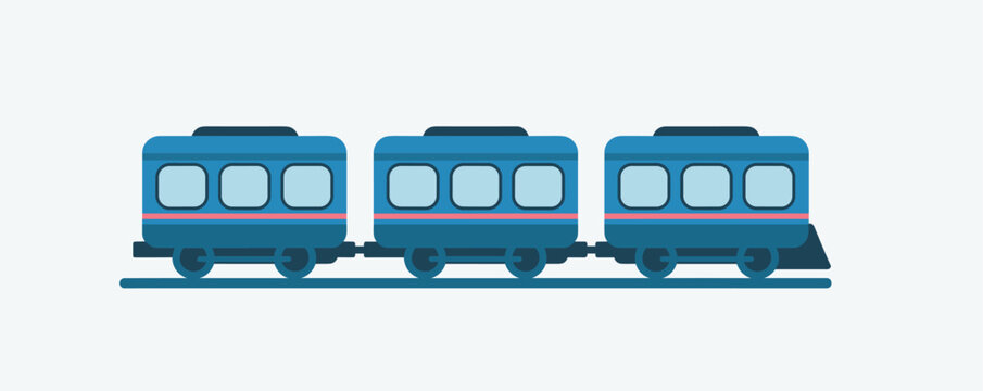 Flat vector illustration of a blue passenger train consisting of three interconnected rail carriages moving along tracks