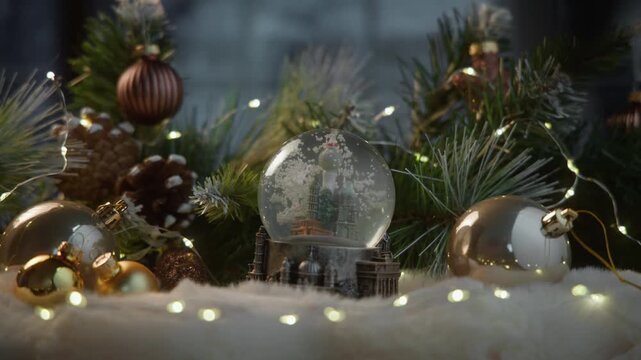 Closeup festive Christmas snow globe with miniature building surrounded by holiday ornaments and lig