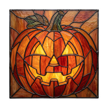 Stained glass glowing pumpkin panel isolated on transparent