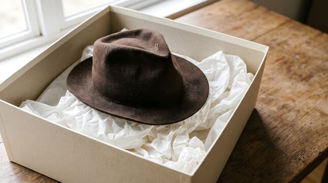 Vintage felt hat rests on tissue padding inside an open storage box, illustrating protective collection care, costume preservation and museum object handling.