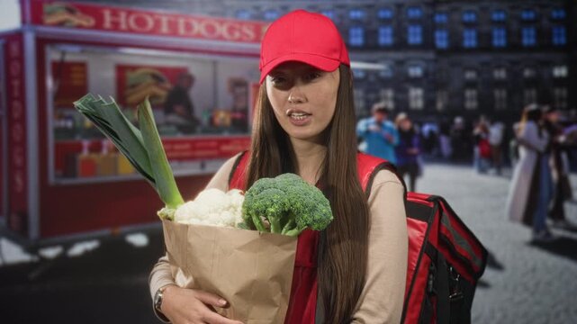 Woman courier holding grocery bag with broccoli, cauliflower and leek in front of a street food cart; service duty determination.