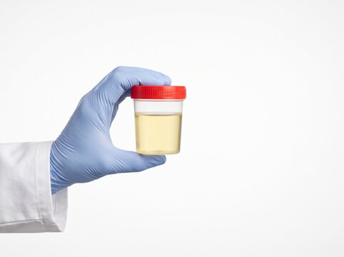 doctor holding a transparent urine sample container filled with extremely pale almost clear urine for hydration and medical screening