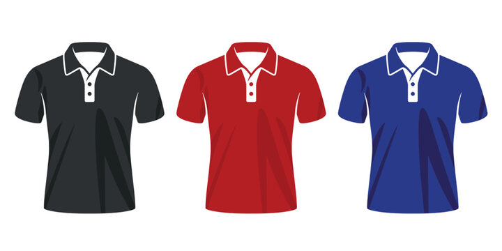  Set of three polo shirt vector illustrations in black red and blue colors isolated on white background casual menswear templates
