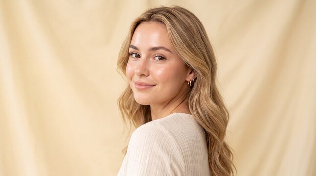 Young woman with blonde wavy hair looking over her shoulder and smiling against a soft neutral background