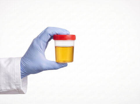 doctor holding a transparent urine sample container filled with rich golden yellow concentrated urine for medical diagnostic testing