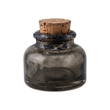 Smoky glass ink jar with cork isolated on transparent