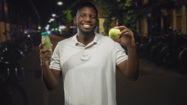 Man holding green apple and juice bottle with lips pressed in a bite gesture while standing on a dim city street at night; healthy choice joy.