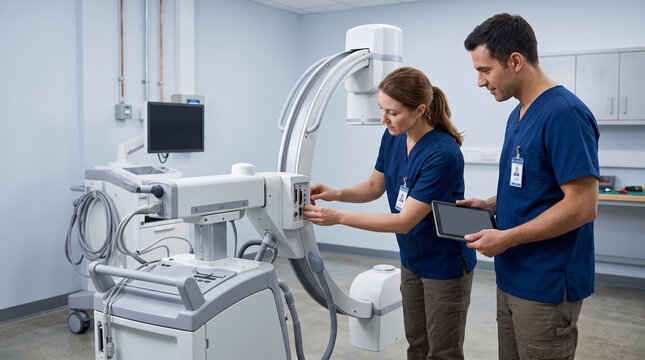 Professional medical team inspecting radiographic equipment focused healthcare diagnostic procedure with diligent expression for patient care