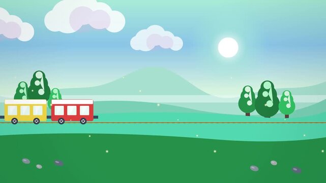 Charming vector illustration of a colorful toy train traveling through a peaceful green landscape with rolling hills, fluffy clouds, and a bright sun