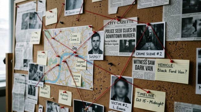 Detective Investigation Board with Photos Map and String Connections Crime Scene Analysis
